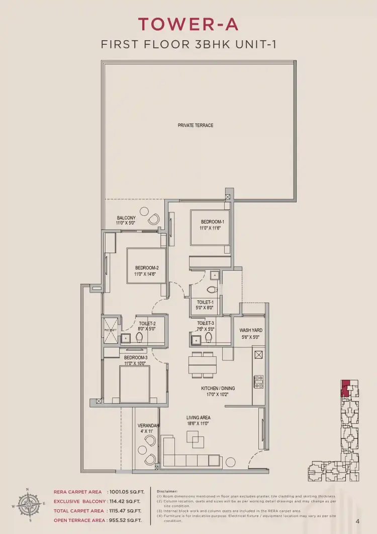 3 BHK TA FF Type A - Floor Plan