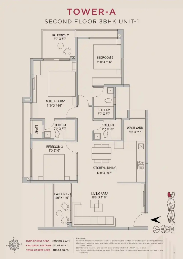 3 BHK TA SF Type A - Floor Plan