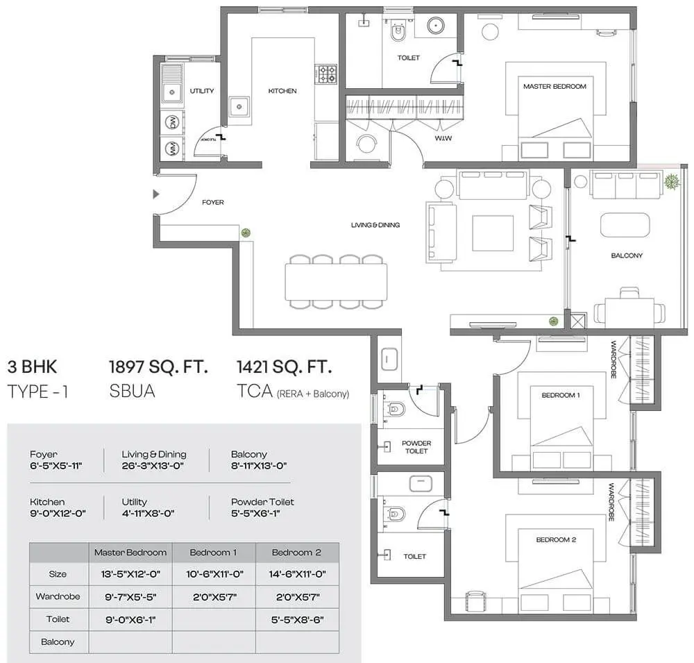 3 BHK Type A - Floor Plan