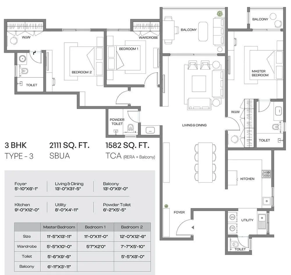 3 BHK Type C - Floor Plan