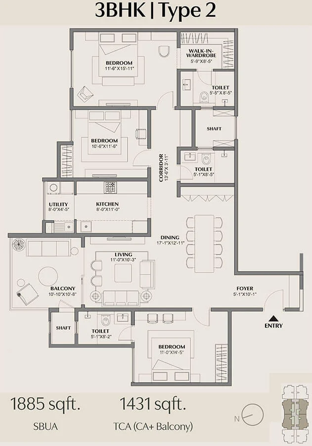Assetz Trees and Tandem 3 BHK Type B Floor Plan 1885 Sq.Ft