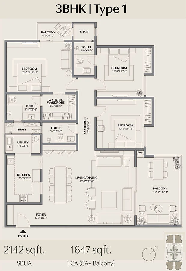 Assetz Trees and Tandem 3 BHK Type A Floor Plan 2142 Sq.Ft