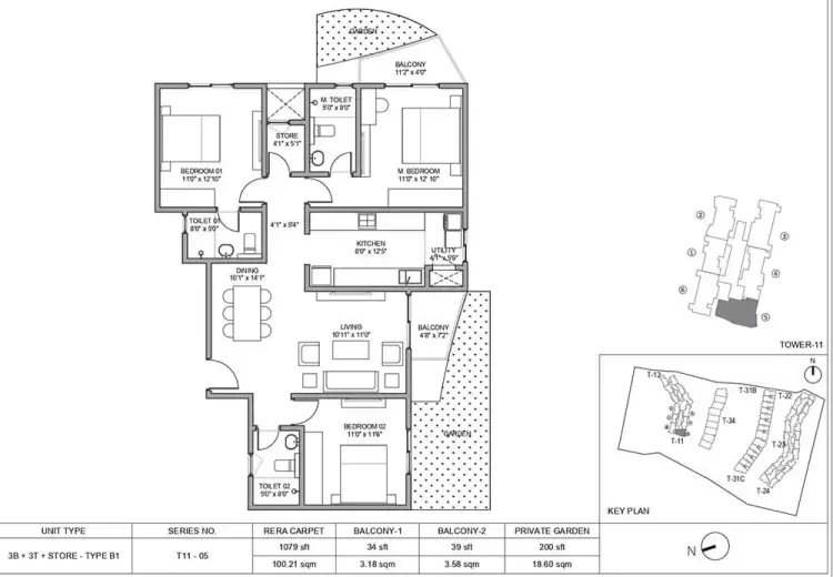 3 BHK TA SF Type A - Floor Plan