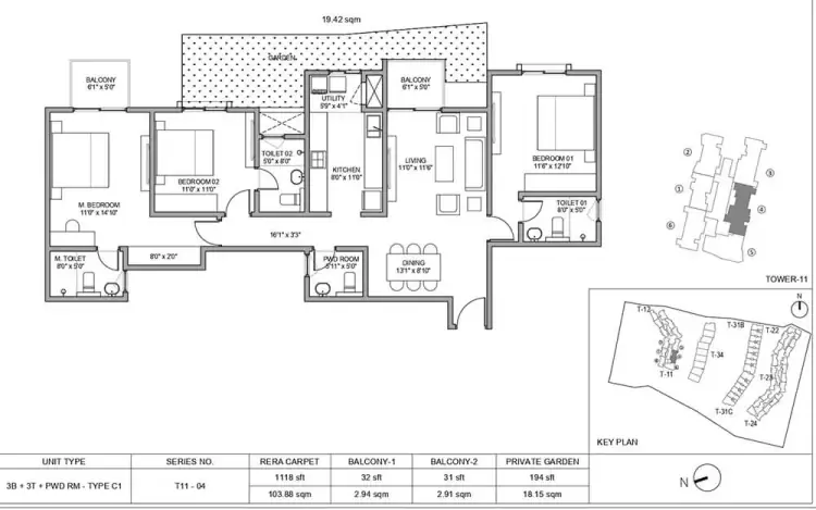 3 BHK TA SF Type C - Floor Plan