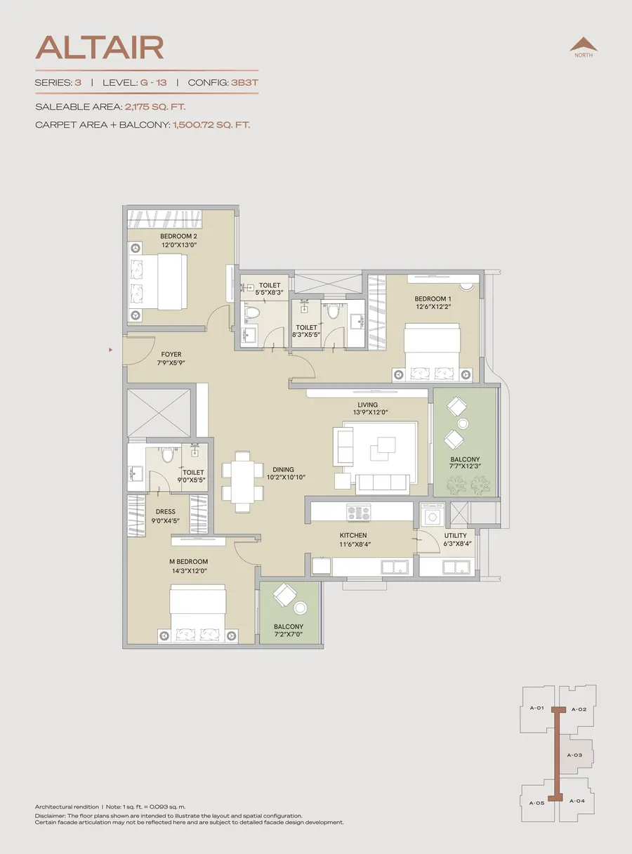 Century Astoria 3 BHK Luxury Floor Plan - 2175 to 2250 Sq.Ft