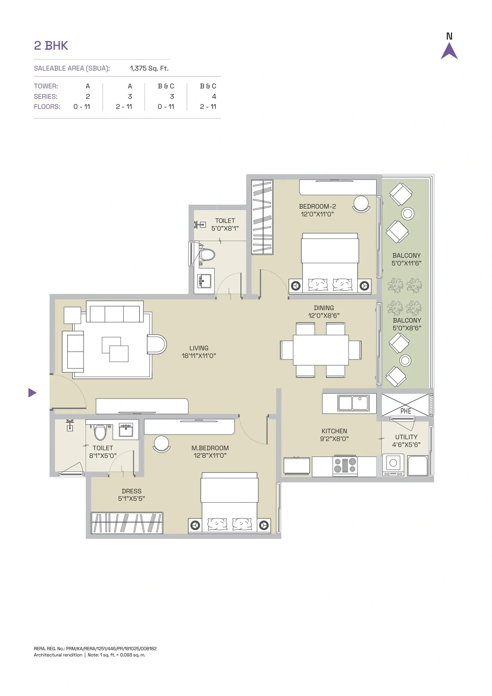 Century Mirai 2 BHK Luxury Floor Plan - 1,375 Sq.Ft