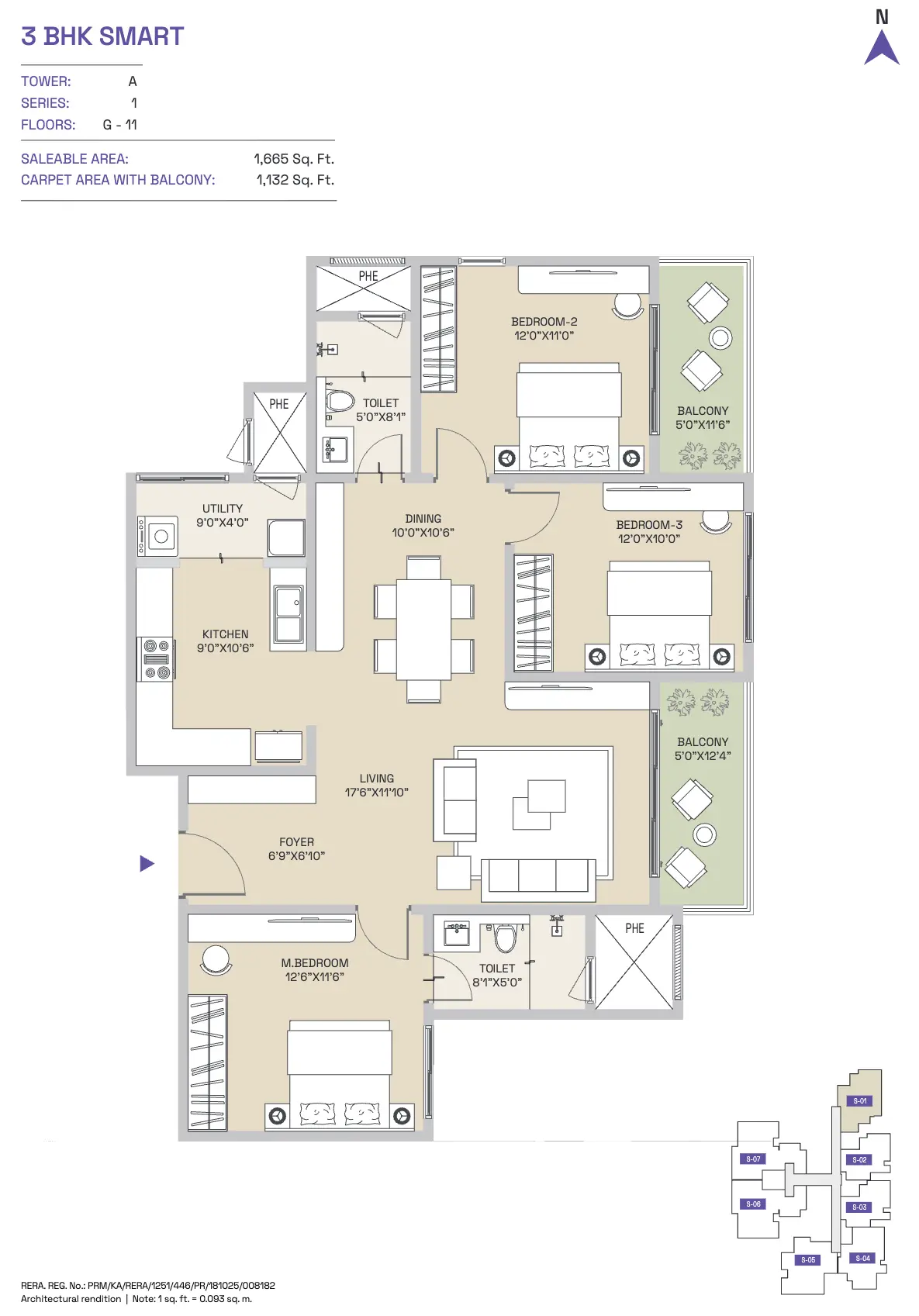 Century Mirai 3 BHK Smart Floor Plan - 1,665 Sq.Ft