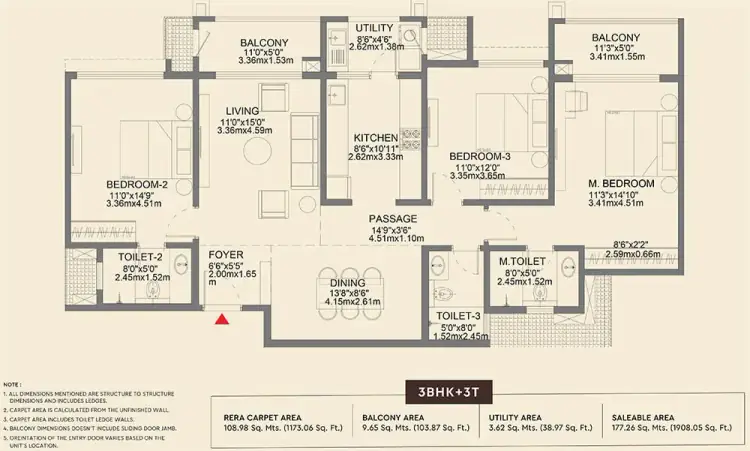 3 BHK TA FF Type B - Floor Plan