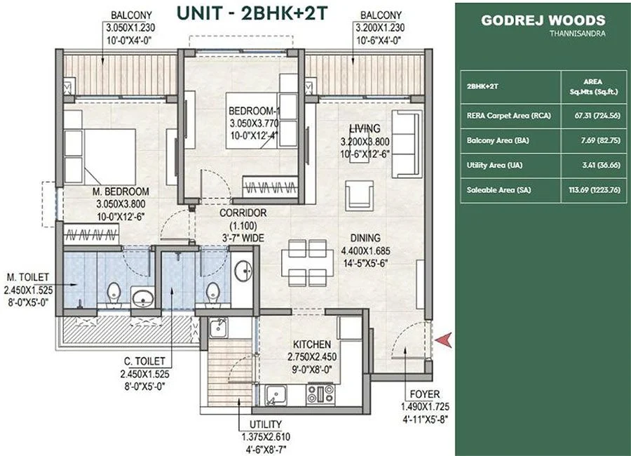 Godrej Woods - 2 BHK + 2T (1190 Sq.Ft) Floor Plan