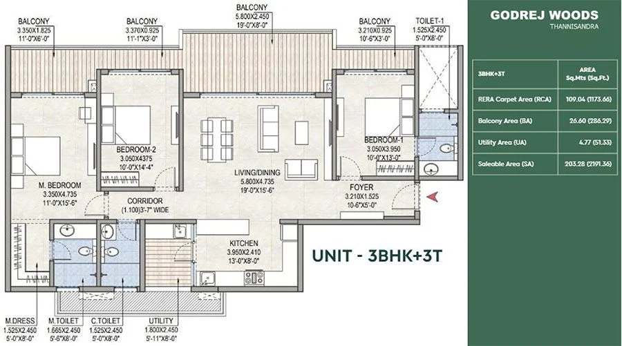 Godrej Woods - 3 BHK + 3T (2300 Sq.Ft) Floor Plan