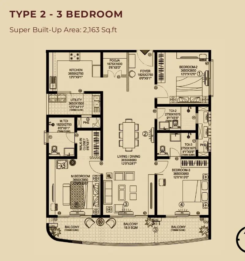 3 BHK TA FF Type B - Floor Plan