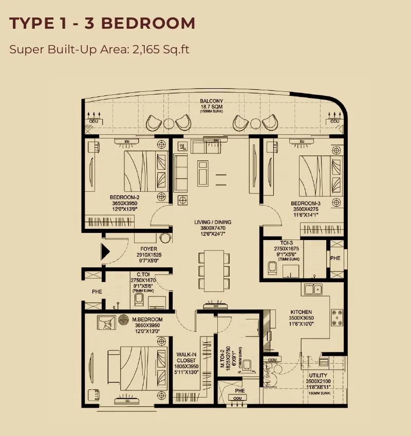 3 BHK TA FF Type A - Floor Plan