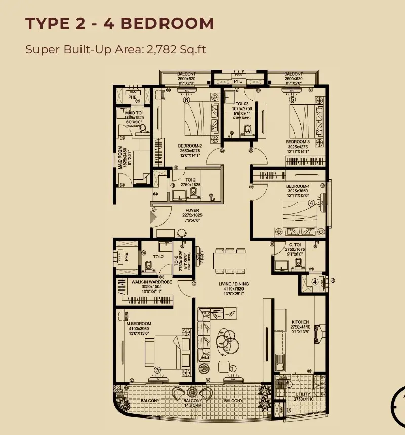 4 BHK TA FF Type B - Floor Plan