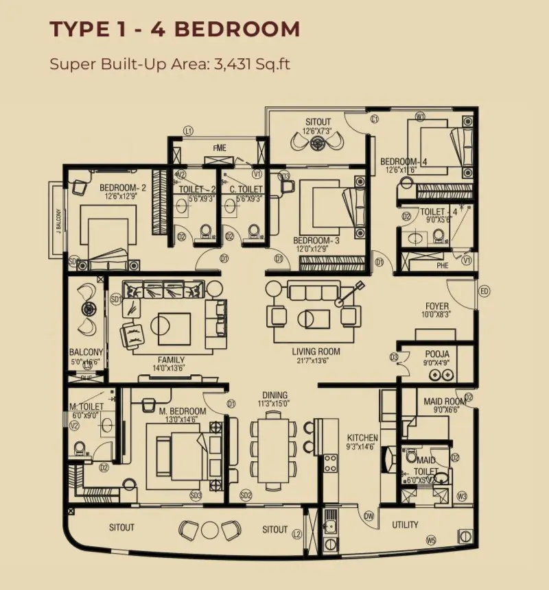 4 BHK TA FF Type A - Floor Plan
