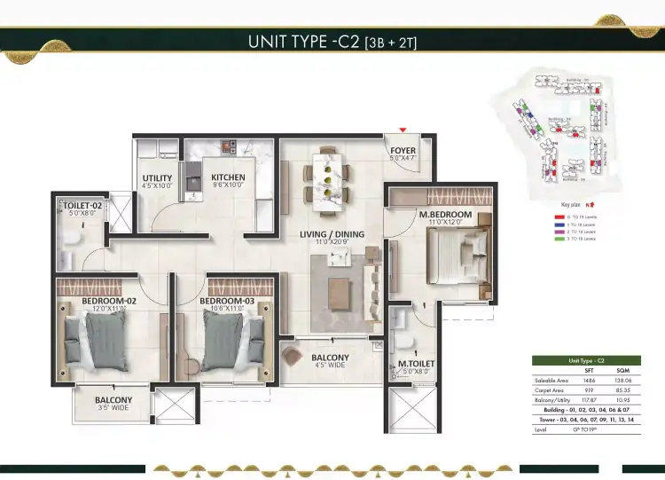 3 BHK TA FF Type B - Floor Plan
