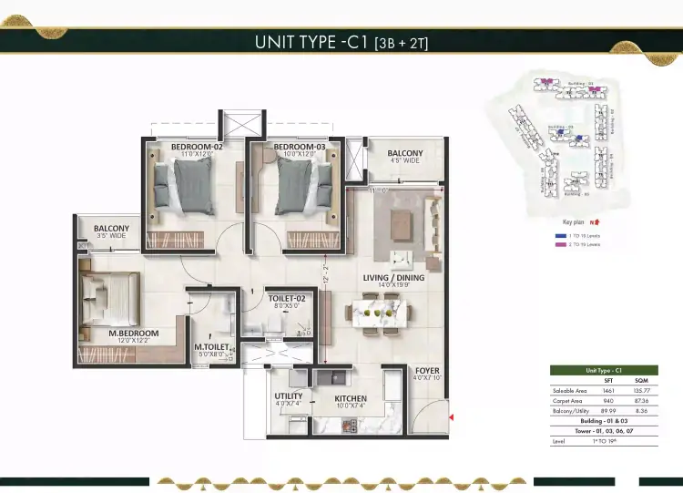 3 BHK TA FF Type A - Floor Plan