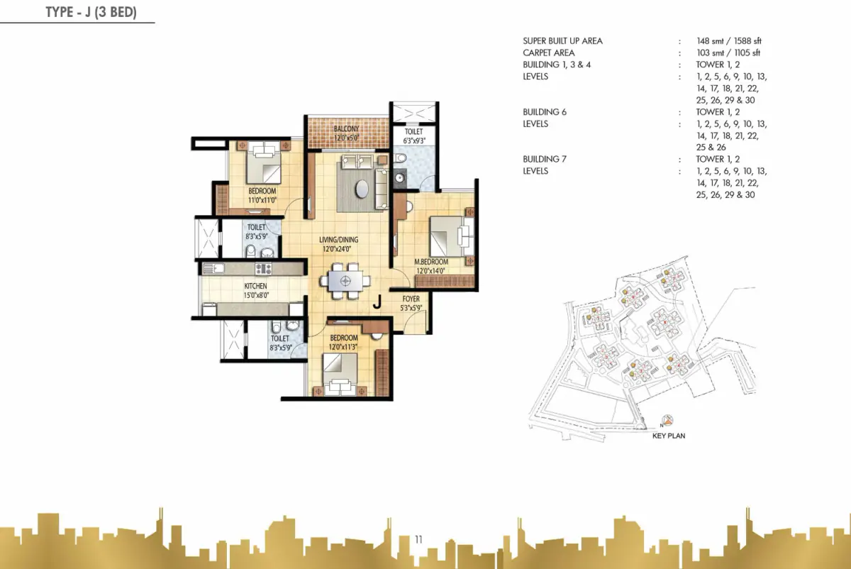 3 BHK TA FF Type A - Floor Plan
