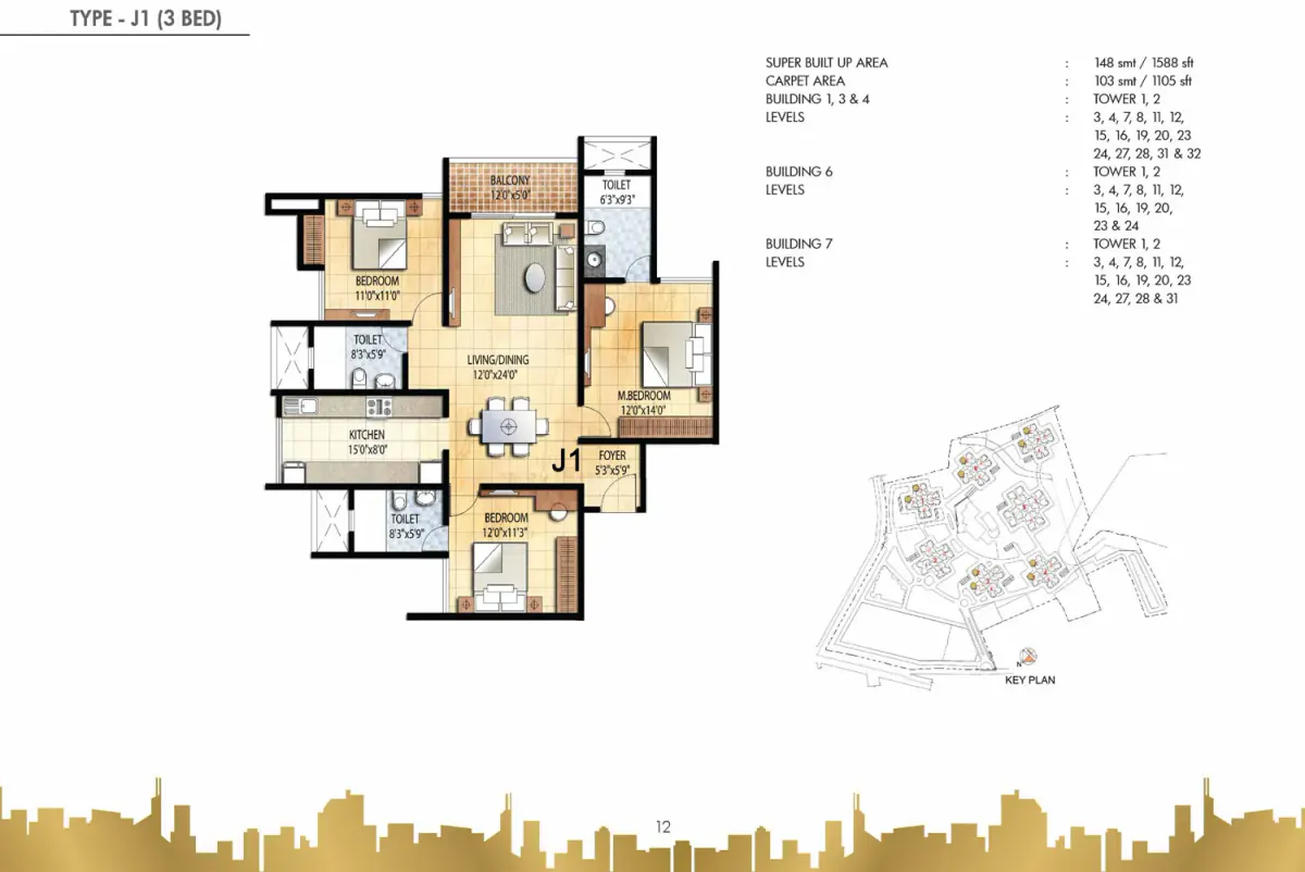 3 BHK TA FF Type B - Floor Plan