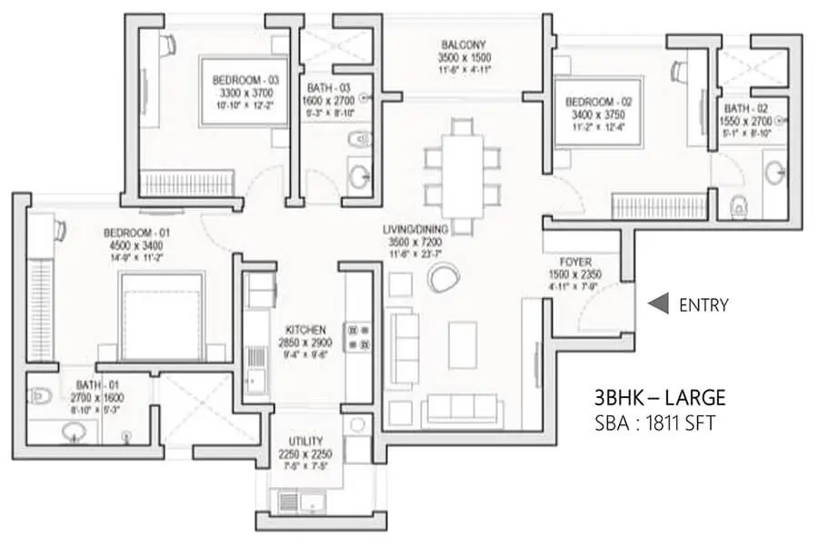 3 BHK TA FF Type A - Floor Plan