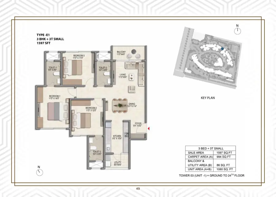 3 BHK + 3T Floor Plan Prestige Parklane
