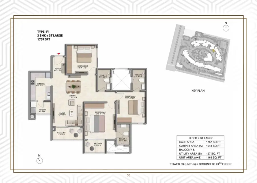 3 BHK + 3T Large Floor Plan Prestige Parklane