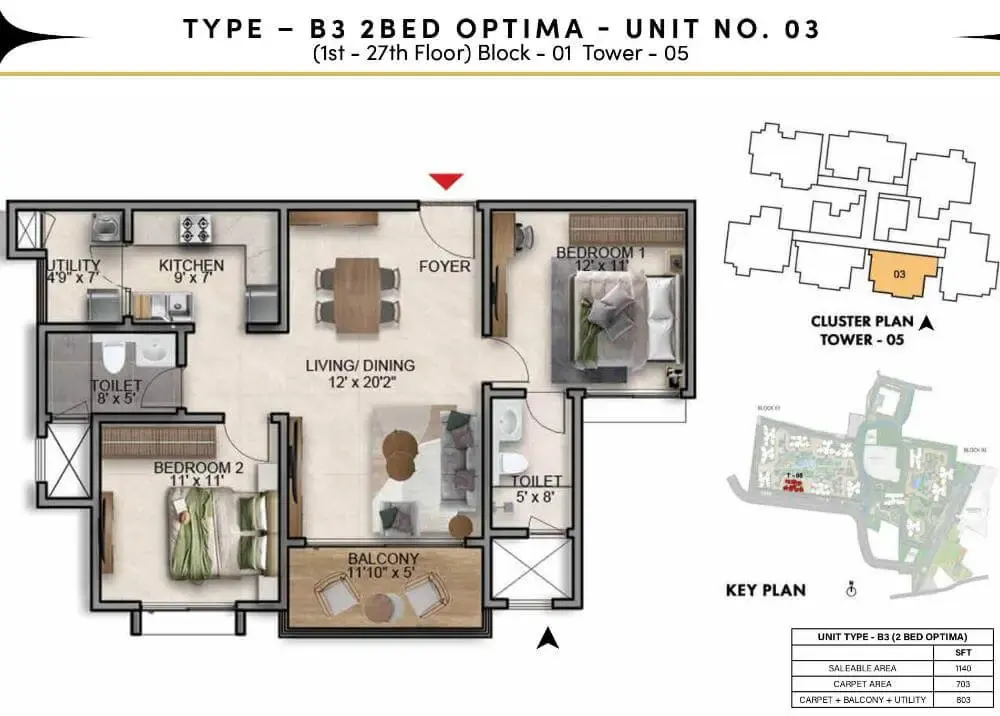 2 BHK TA FF Type B - Floor Plan