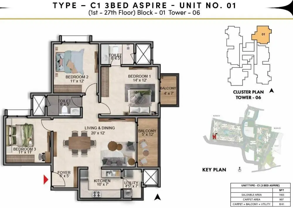 3 BHK TA FF Type A - Floor Plan