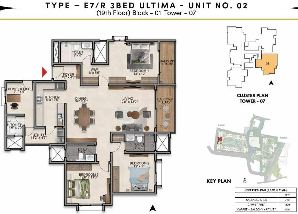 3 BHK TA FF Type B - Floor Plan