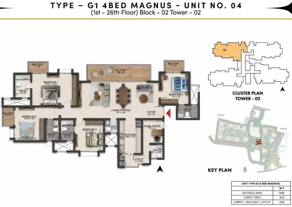 4 BHK TA FF Type A - Floor Plan