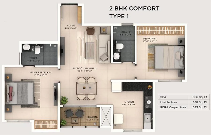 Provident Botanico 2 BHK Comfort Floor Plan
