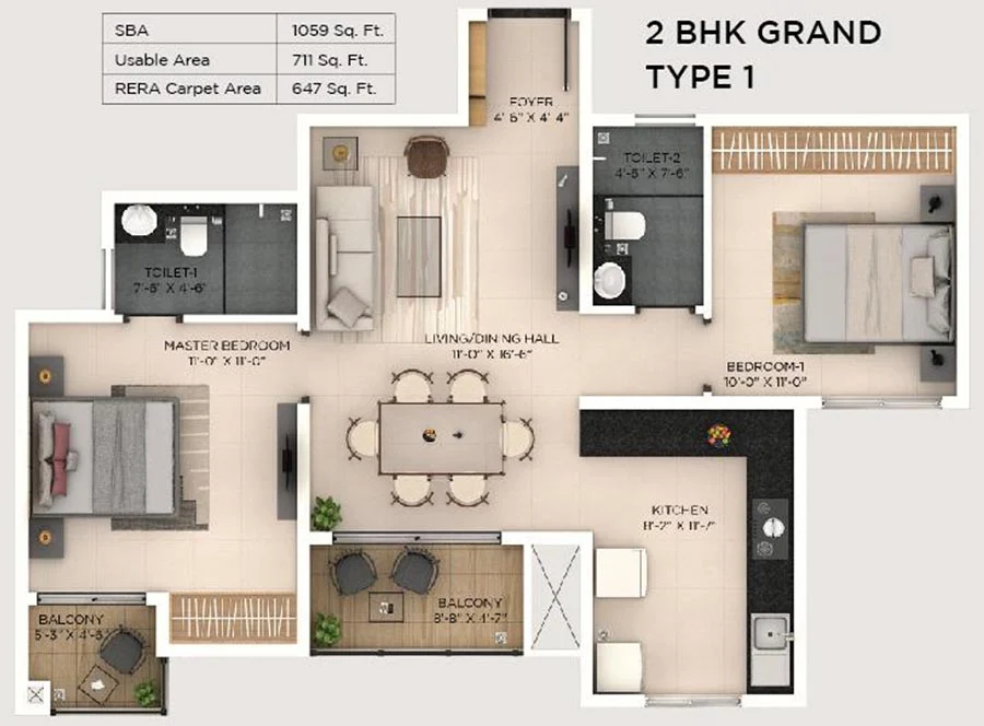 Provident Botanico 2 BHK Grand Floor Plan