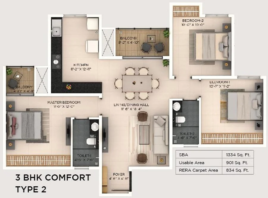 Provident Botanico 3 BHK Comfort Floor Plan