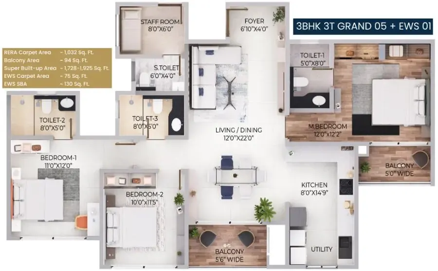 3 BHK TA FF Type A - Floor Plan