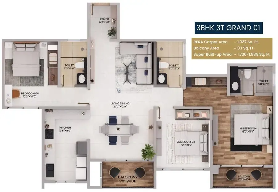 3 BHK TA FF Type B - Floor Plan