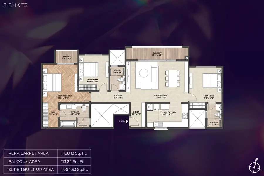 Purva Heritage 3 BHK Floor Plan Type A Kudlu Gate