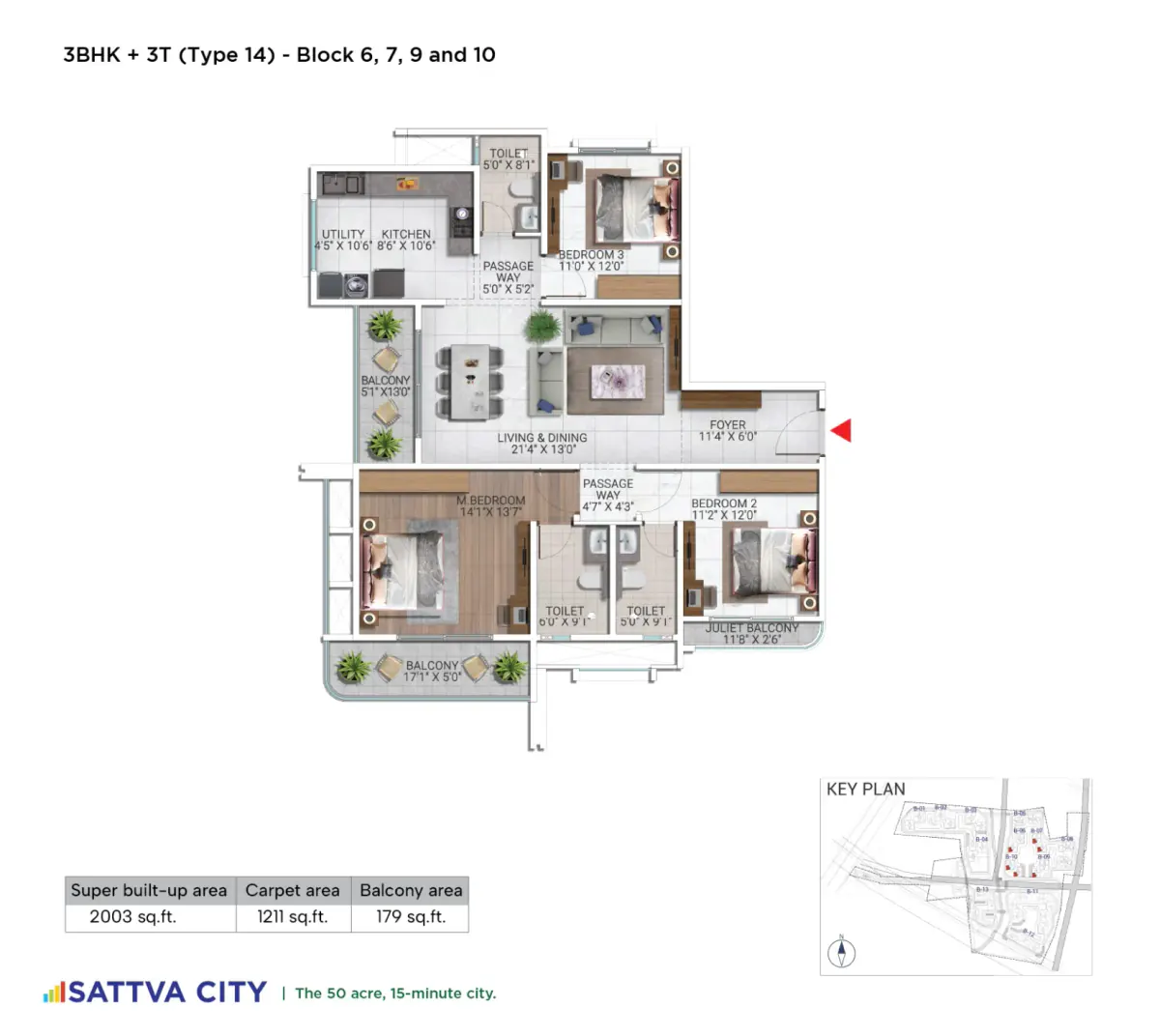 3 BHK TA FF Type A - Floor Plan