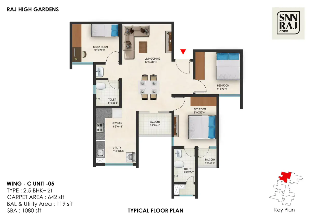 2.5 BHK Floor Plan - 1080 Sq.Ft