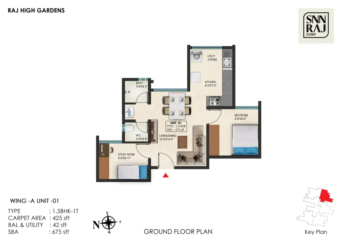 1.5 BHK Floor Plan - 675 Sq.Ft