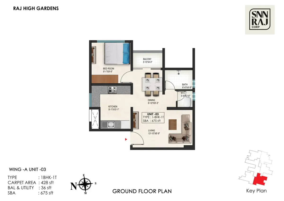 1 BHK Floor Plan - 675 Sq.Ft