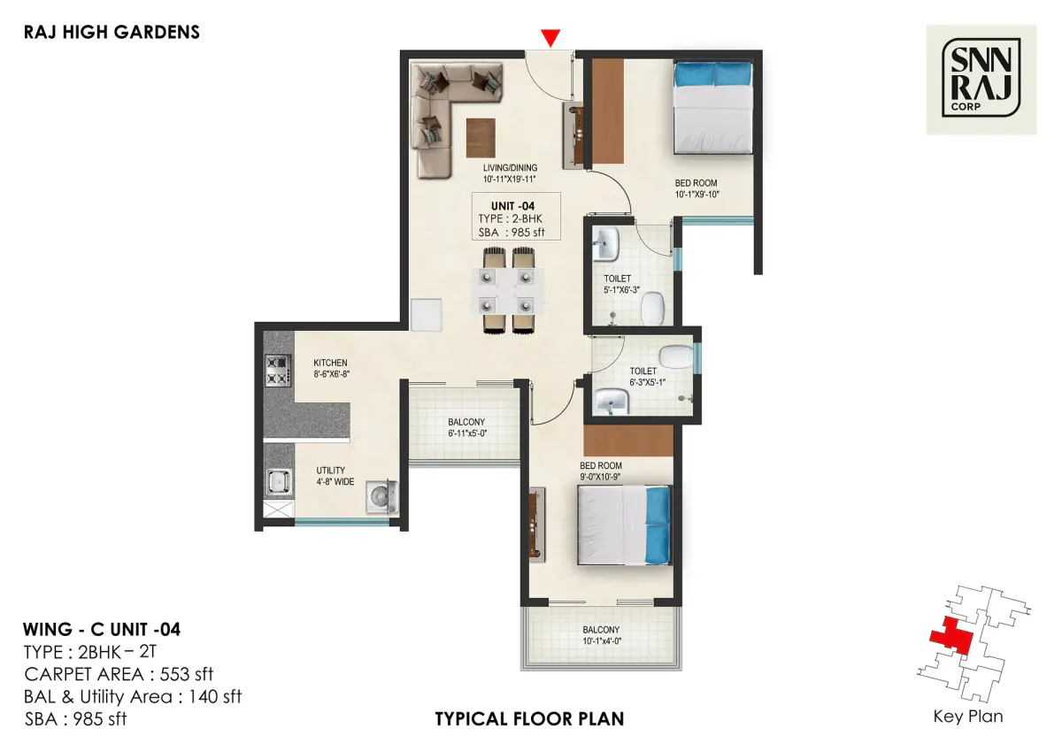 2 BHK Floor Plan - 985 Sq.Ft