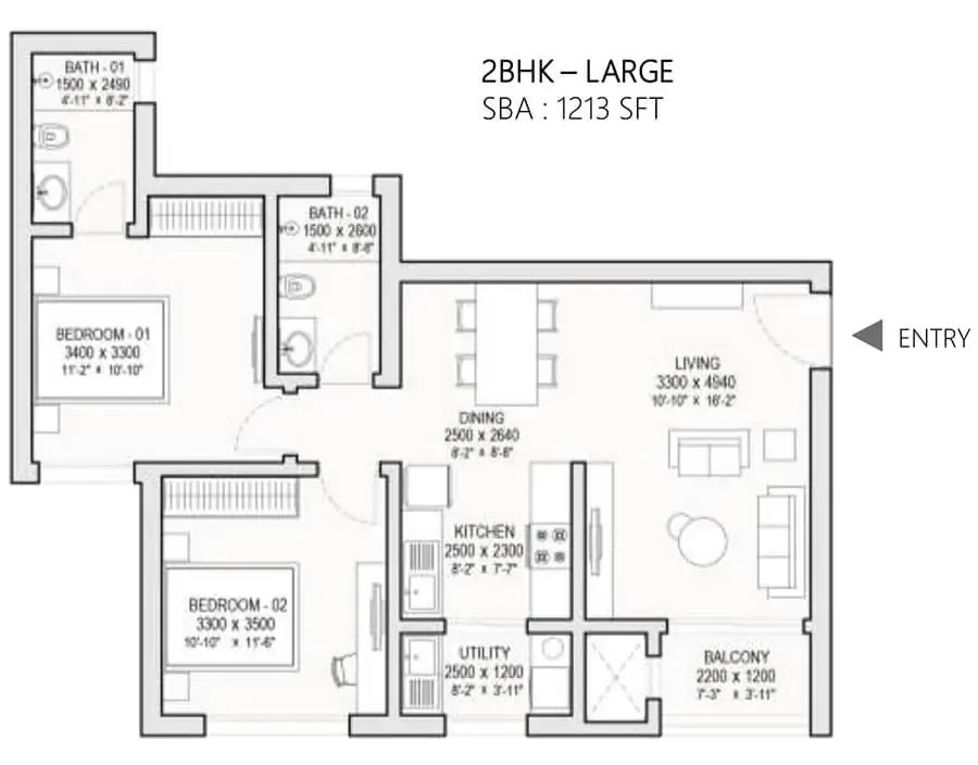 2 BHK TA FF Type A - Floor Plan
