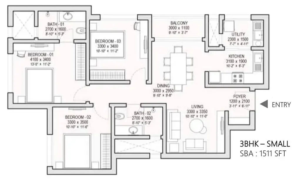 2 BHK TA FF Type B - Floor Plan