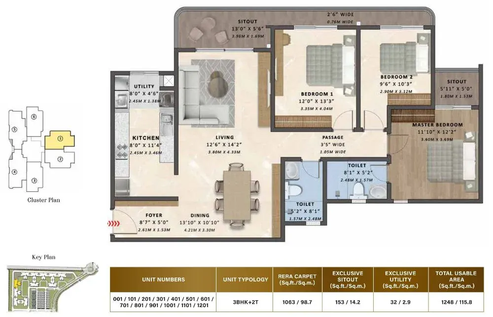 3 BHK TA FF Type A - Floor Plan