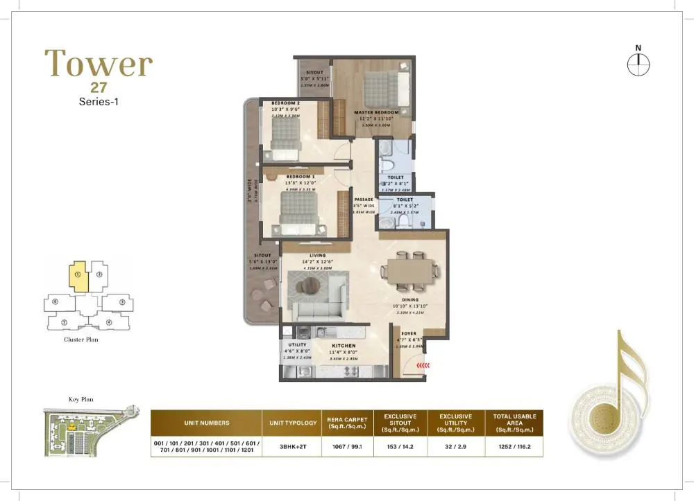 3 BHK FF Type B - Floor Plan