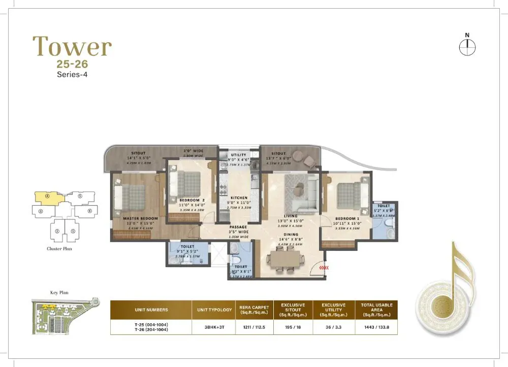 3 BHK FF Type D - Floor Plan