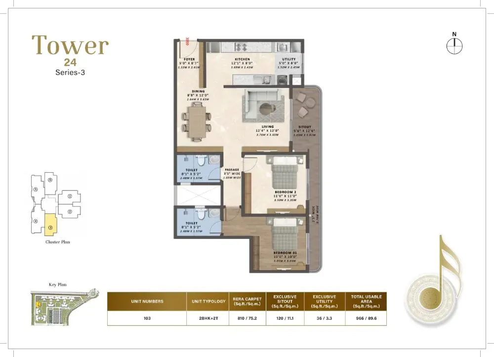 2 BHK TA FF Type A - Floor Plan