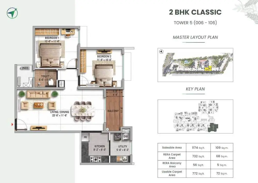 2 BHK Classic Floor Plan - TVS Emerald Altura