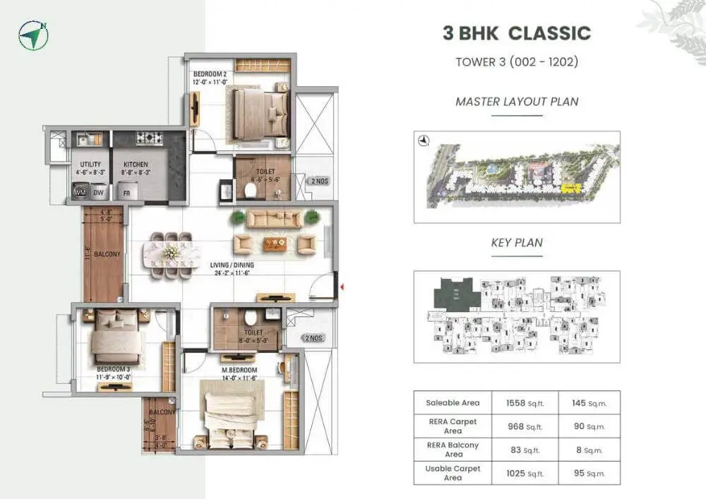 3 BHK Classic Floor Plan - TVS Emerald Altura