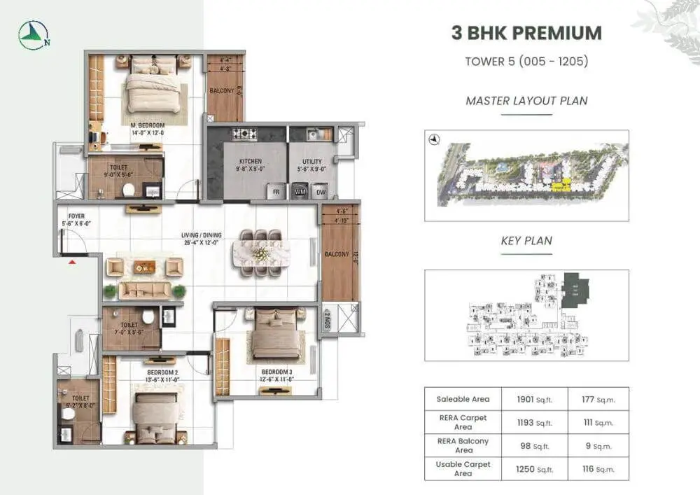 3 BHK Premium Floor Plan - TVS Emerald Altura