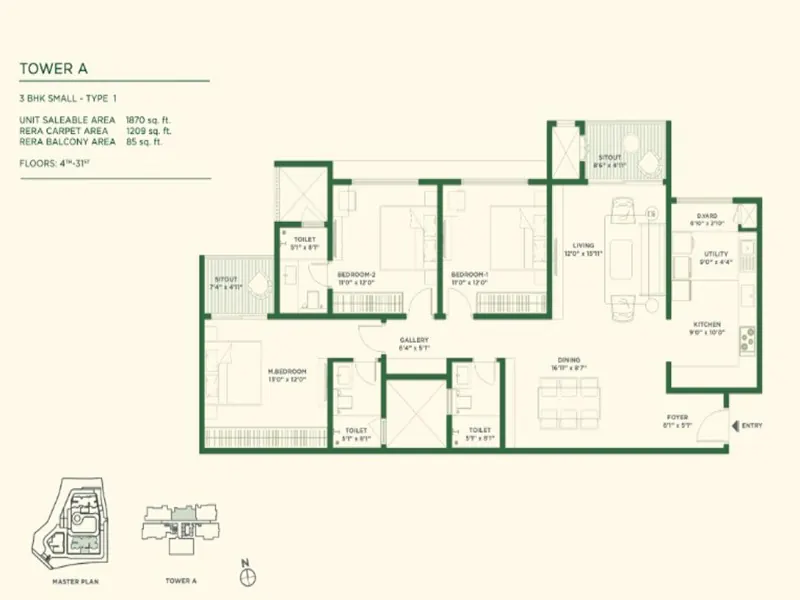 3 BHK Type A - Floor Plan